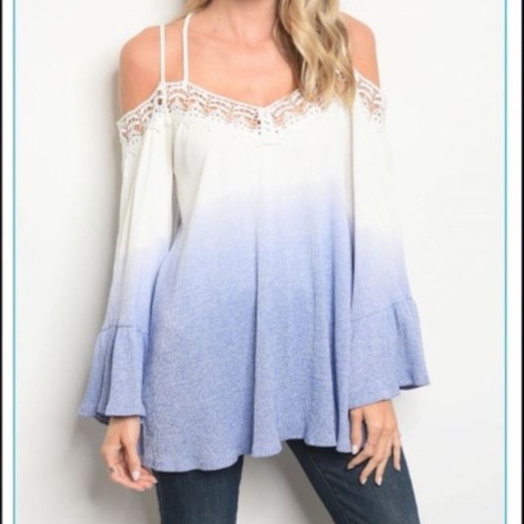 COLD SHOULDER 🆕️ Shirt Icy White Blue Bell Sleeve - Picture 2 of 8
